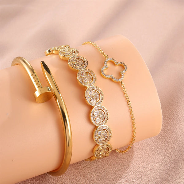 3Pcs Women's Fashion Bracelet Set Brilliant Zirconia Four-leaf Flower Bangle Exquisite Stainless Steel Daily Accessory Jewelry